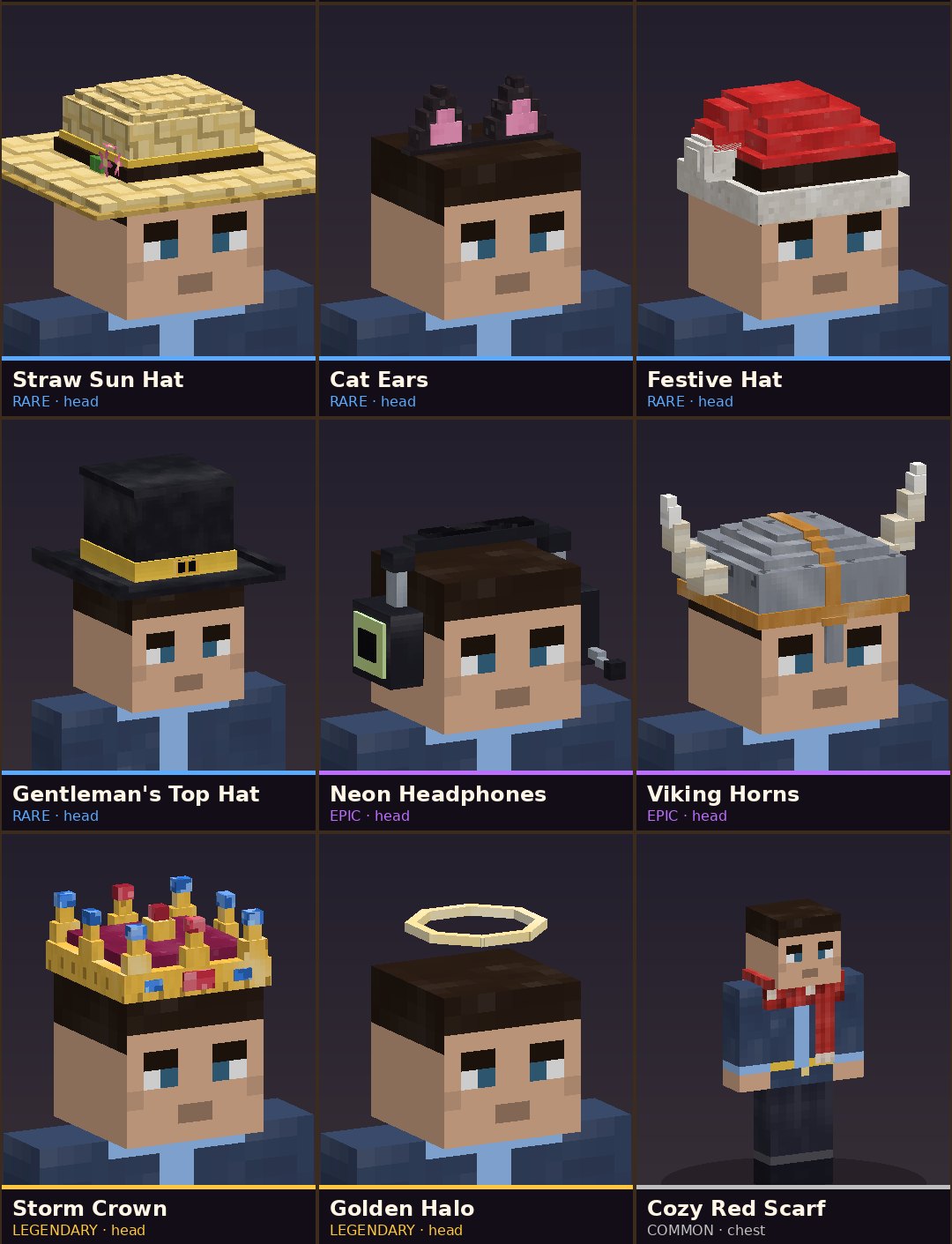 Nine wearable cosmetics: straw hat, cat ears, festive hat, top hat, headphones, viking horns, crown, halo and a red scarf